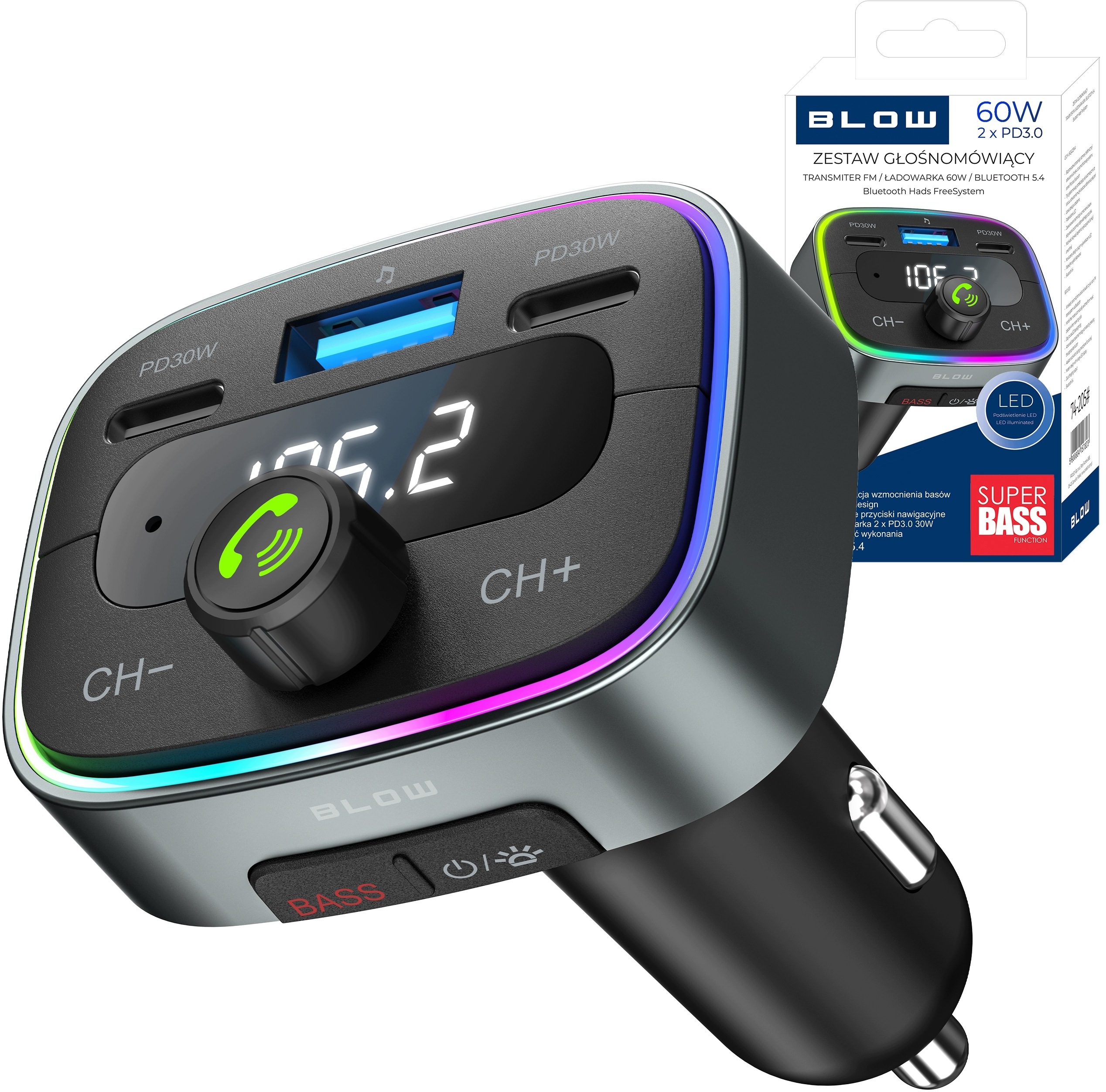 BLOW Bluetooth5.3 Dual PD 30W – Nowoczesny transmiter FM do samochodu