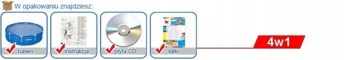 Zestaw zawiera: basen, zaślepki, łatkę naprawczą i instrukcję obsługi