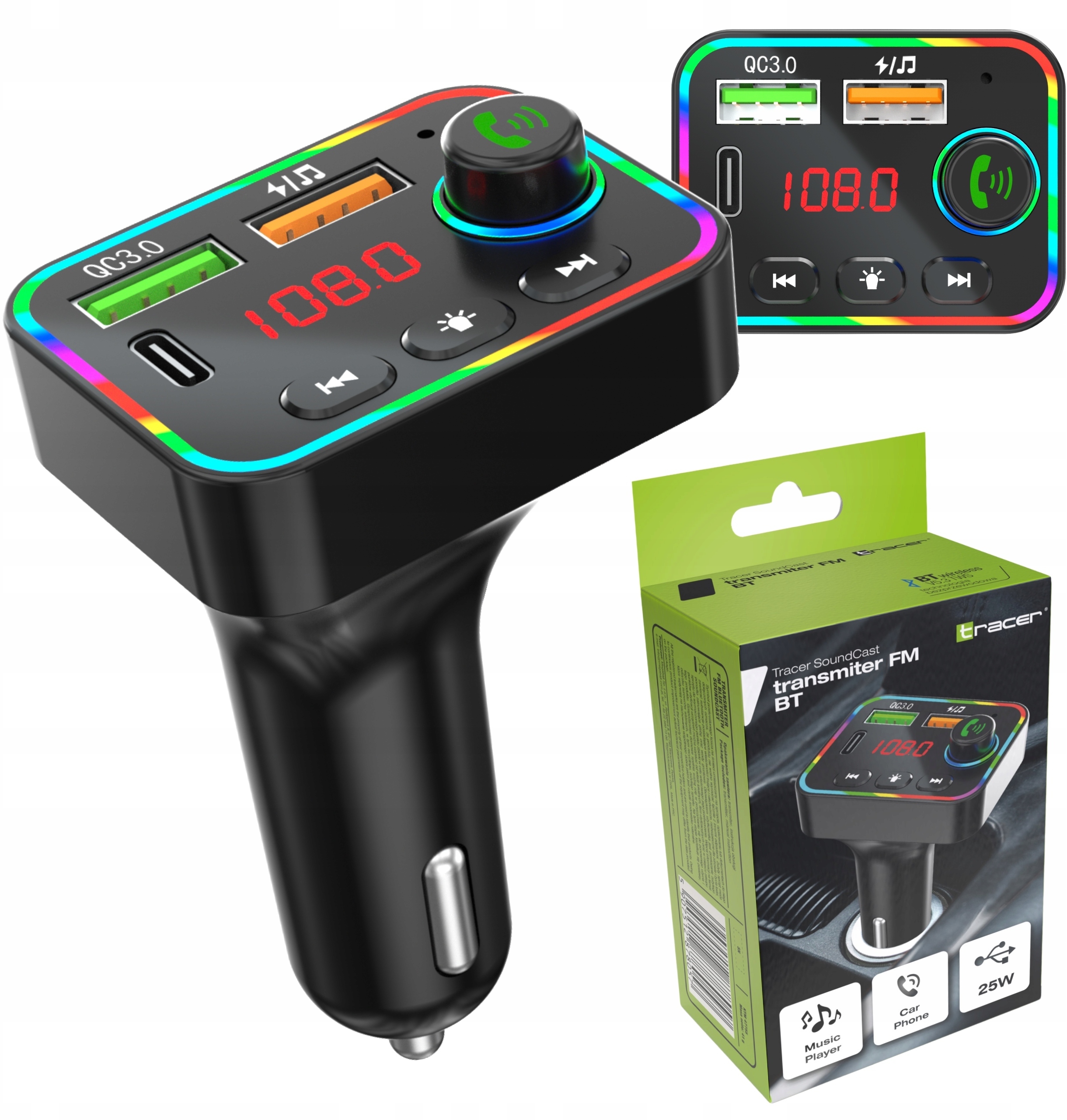 Tracer SoundCast – Transmiter FM Bluetooth 5.3 z ładowaniem USB-C 25W