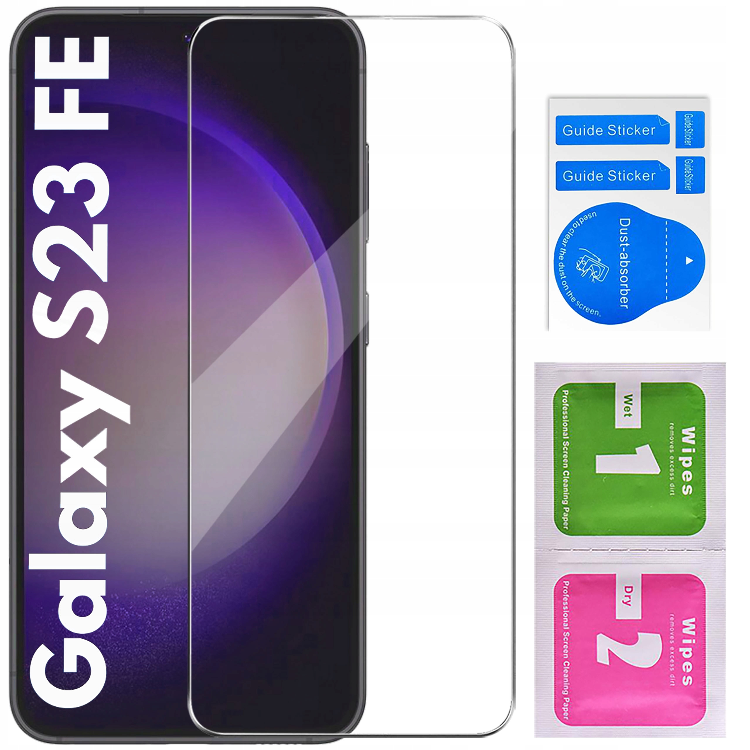 Zestaw zawiera etui, szkło hartowane i akcesoria do czyszczenia