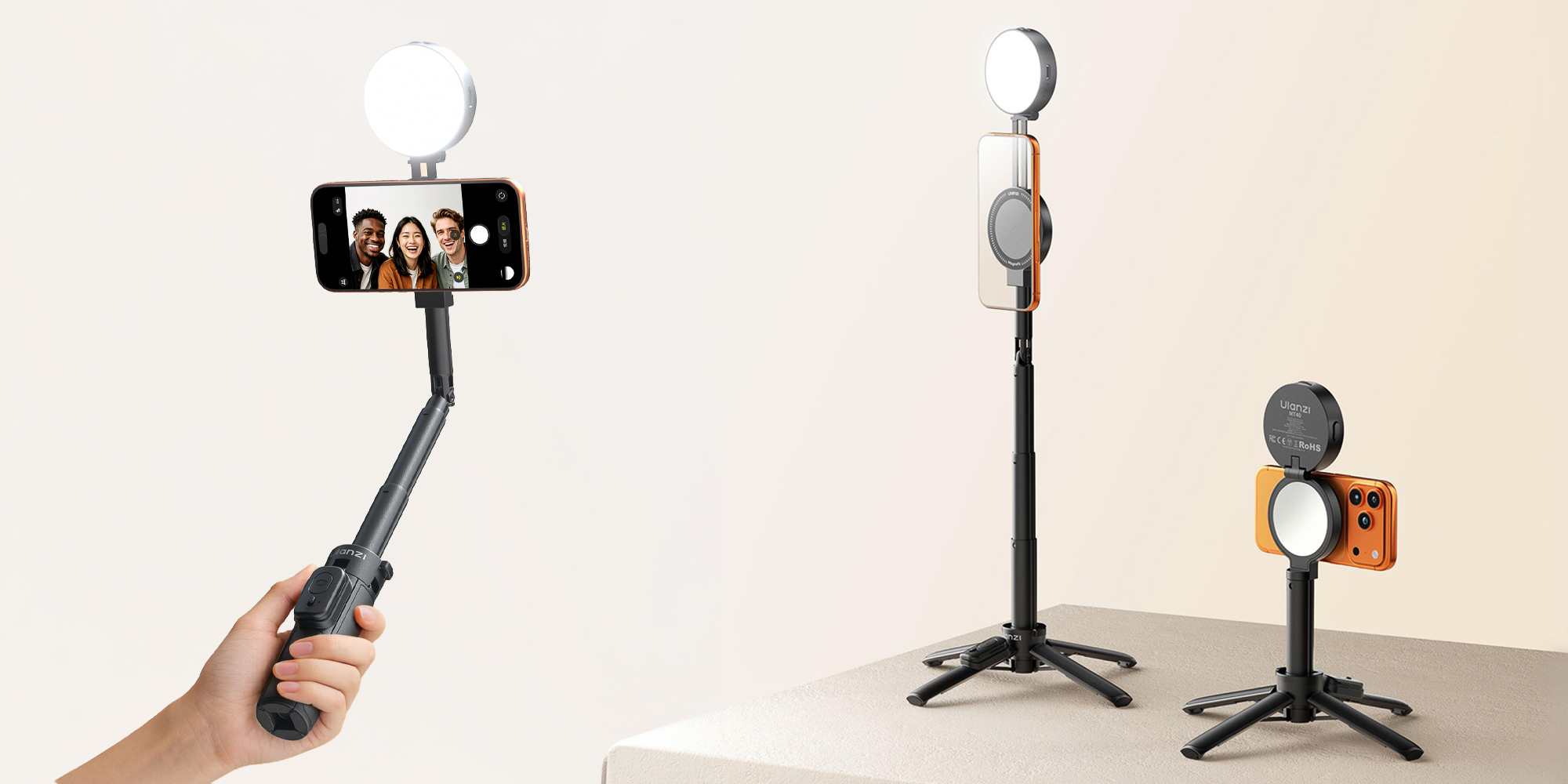 width=100% Selfie stick Ulanzi MT40 z lampą LED - WB (2500 K - 8500 K)