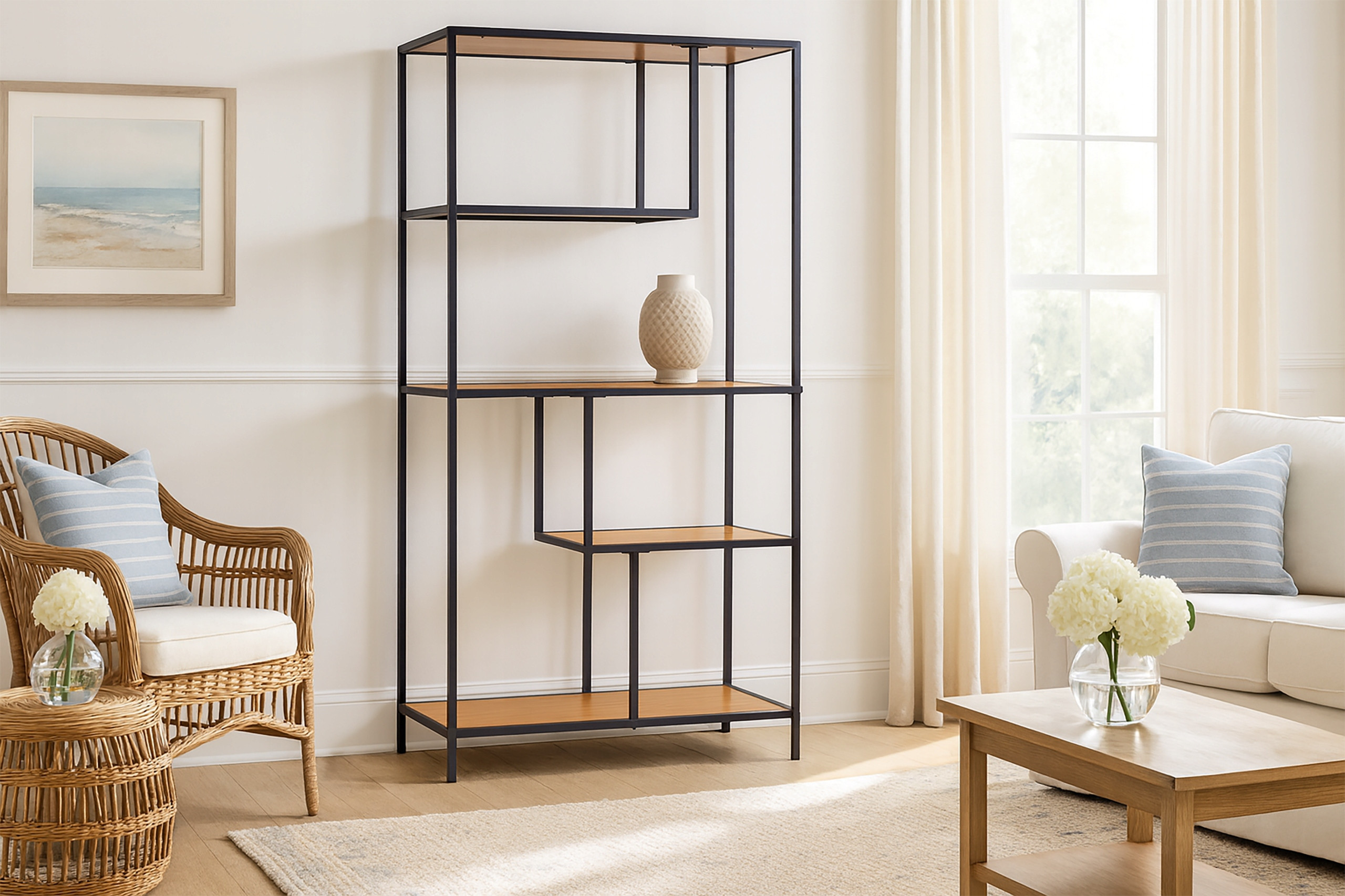 Stylowy design – Połączenie czarnego metalu i dębowych półek