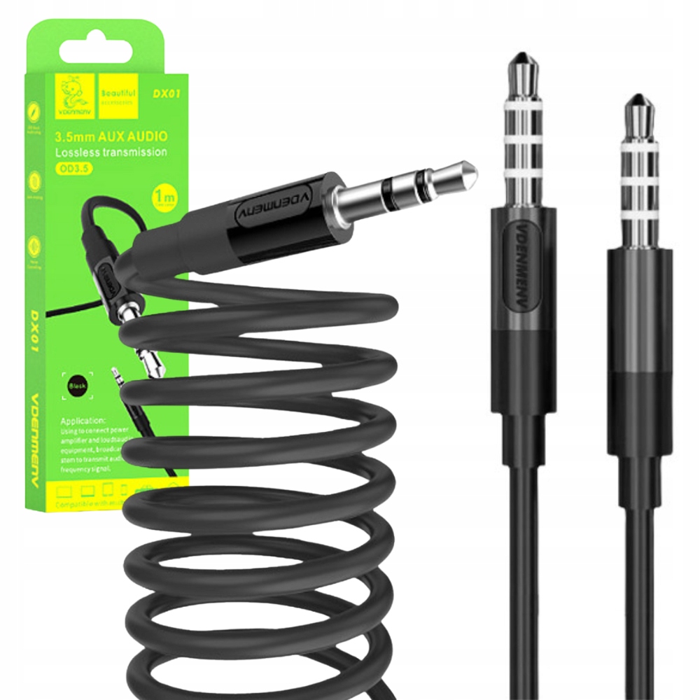Kabel Stereo Denmen Jack do Jack 3,5 cala Czarny 1m DX01 – Wysoka jakość dźwięku