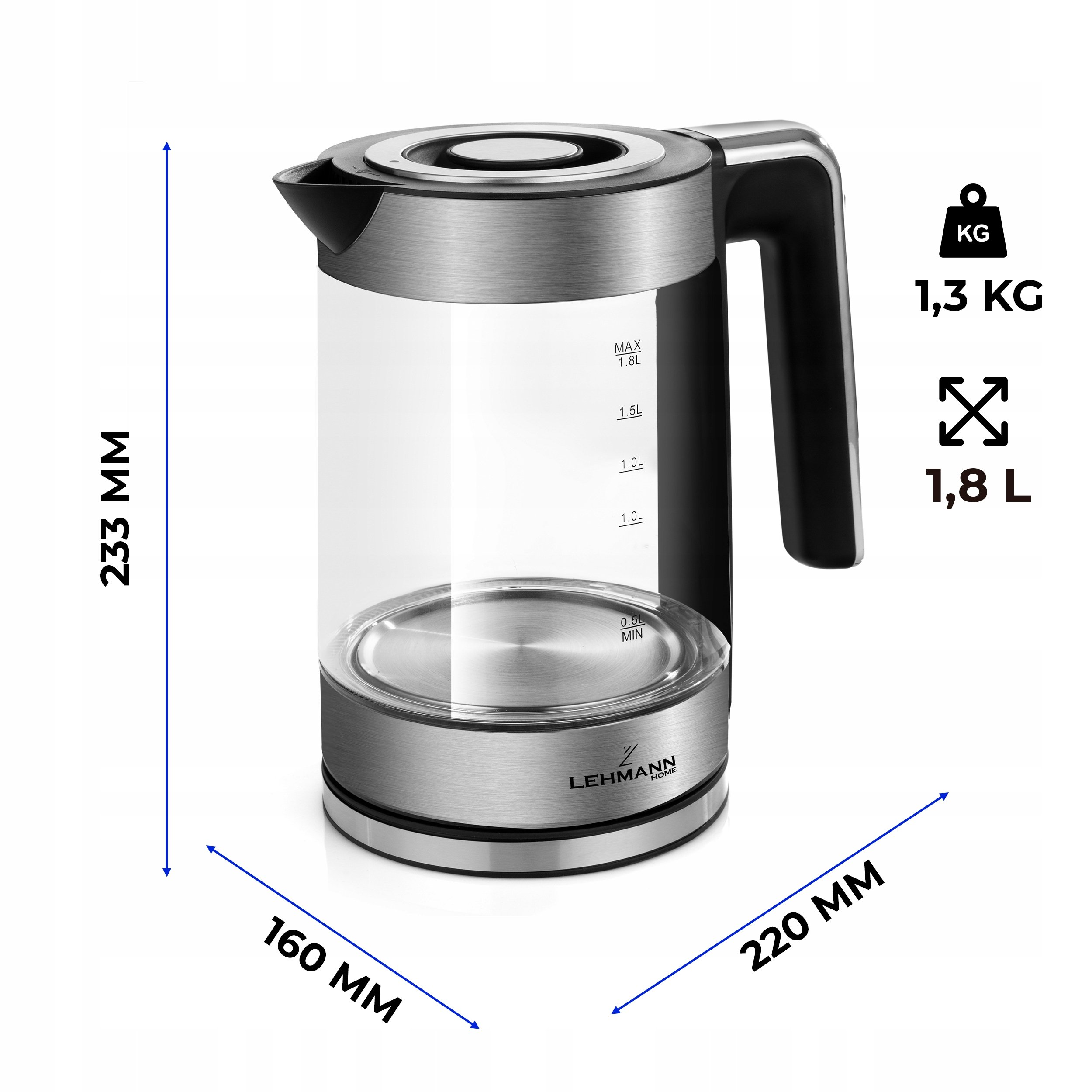 Czajnik elektryczny Lehmann 1,8L Czarno-Srebrny 2200W Stal Nierdzewna INOX Głębokość produktu 22 cm