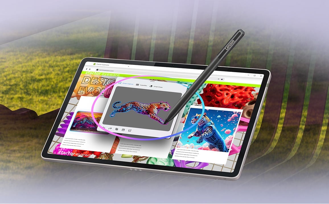 Na ekranie tabletu kolorowe zdjęcia, jedno z nich zakreślone rysikiem Tab Pen Pro