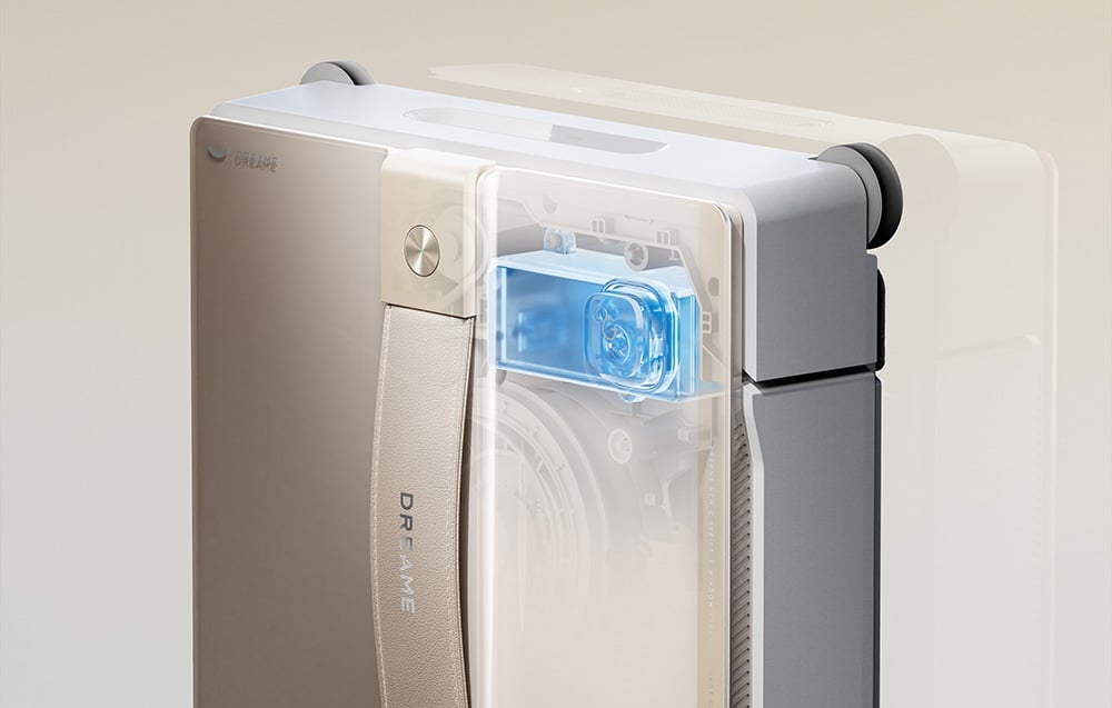 Szczegółowy widok robota Dreame C1 Station z przezroczystą obudową, ukazujący wewnętrzny zbiornik na wodę w kolorze niebieskim