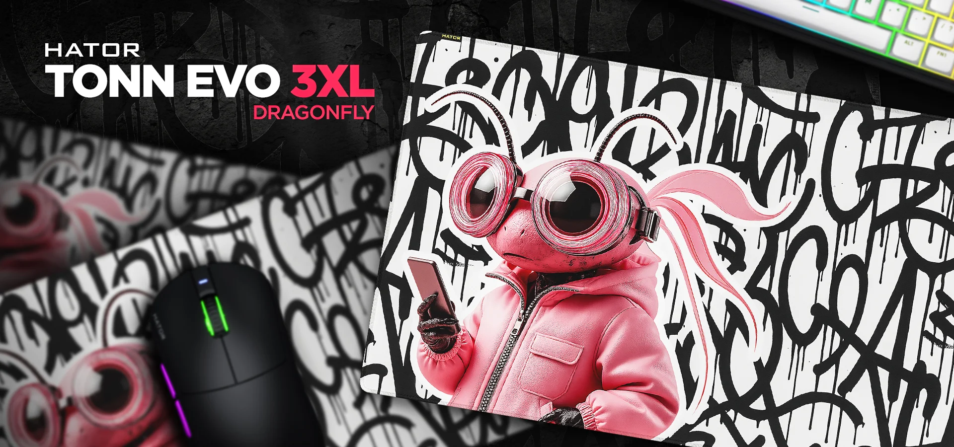 Dwie podkładki HATOR Tonn Evo 3XL Dragonfly z grafiką różowej ważki w okularach na tle graffiti