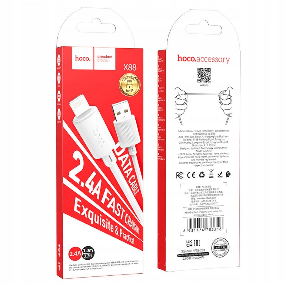 Kabel USB Hoco HOCO kabel USB A do Lightning 2,4A X88 1 m biały – Wydajność i elegancja w jednym