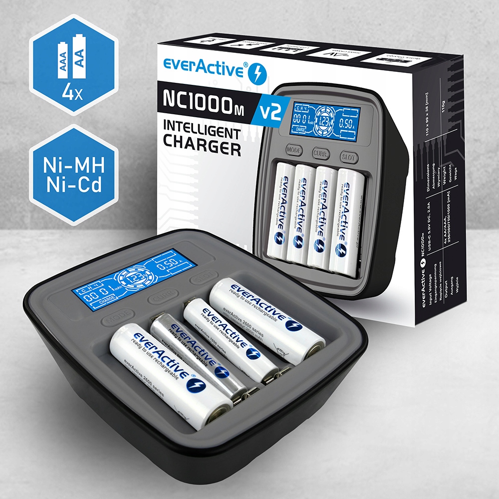 Ładowarka akumulatorowa Ni-MH USB-C everactive NC1000MV2 – Profesjonalne zasilanie dla Twoich akumulatorów