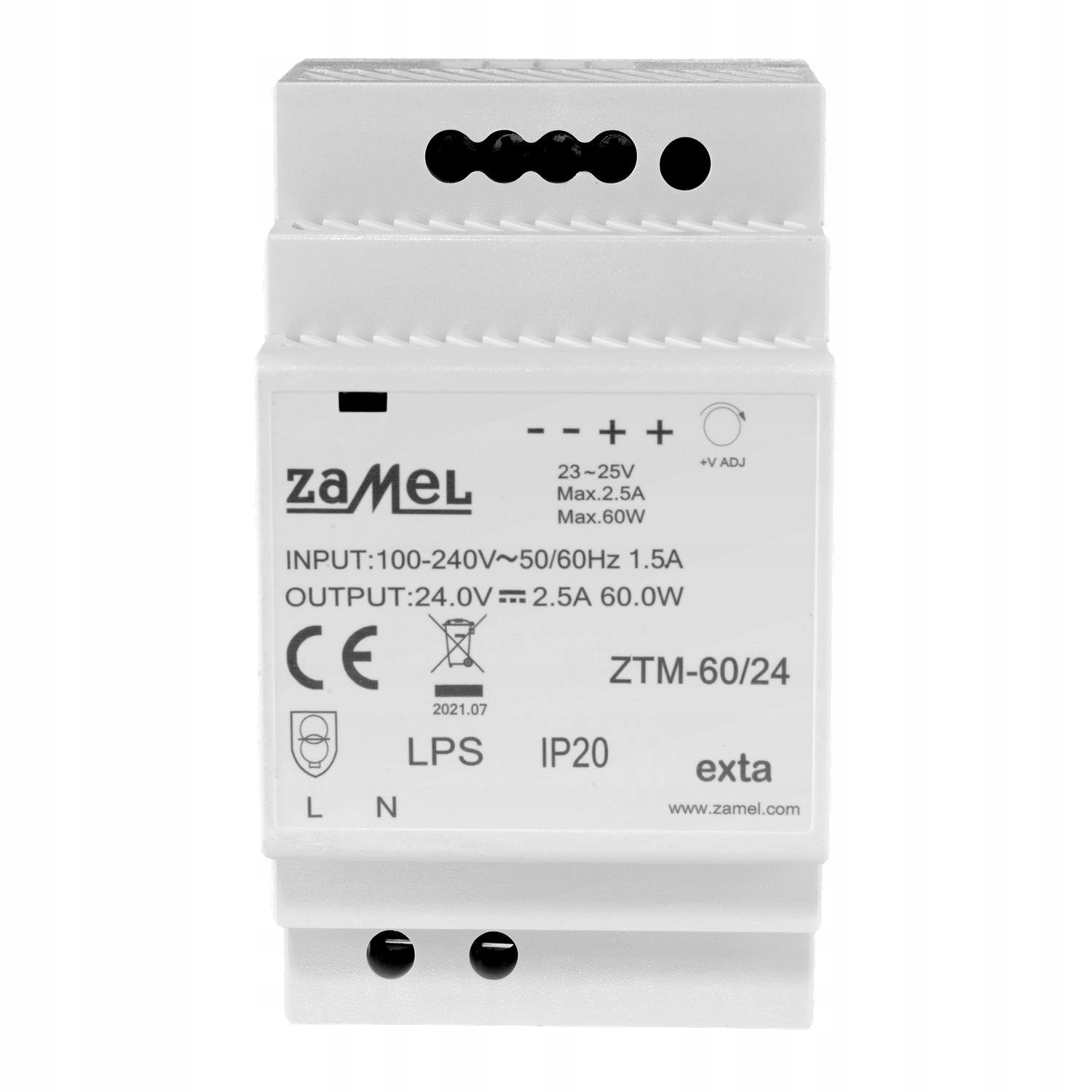 Zasilacz impulsowy montowany na szynie TH-35 (DIN) 60W 24V DC typ: ZTM-60/24 EXT10000284 – Niezawodne źródło zasilania