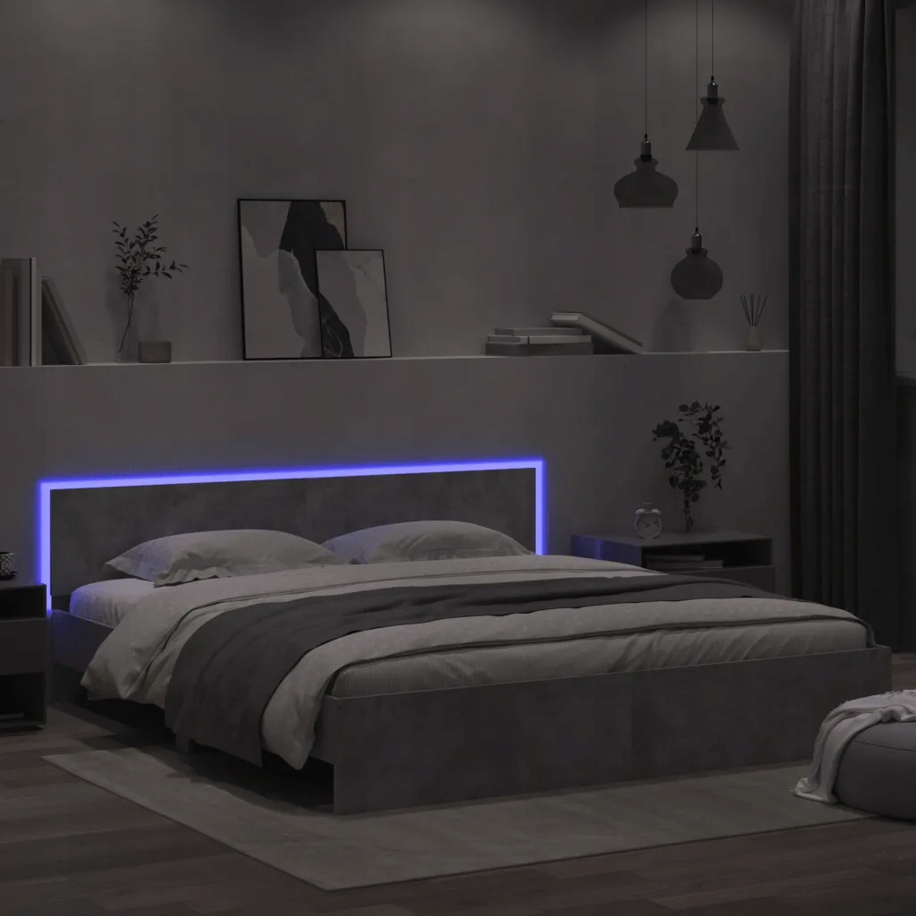 Rama łóżka z wezgłowiem i LED, szarość betonu 180x200 cm – Idealne miejsce do snu