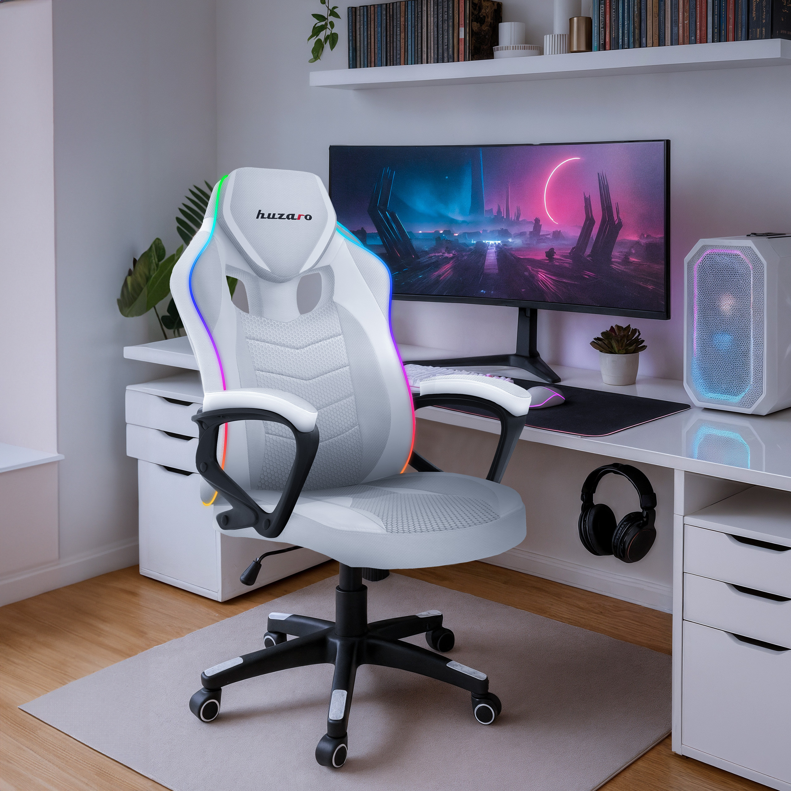 Fotel Gamingowy Huzaro Force 2.5 RGB White Mesh – Komfort i styl dla graczy