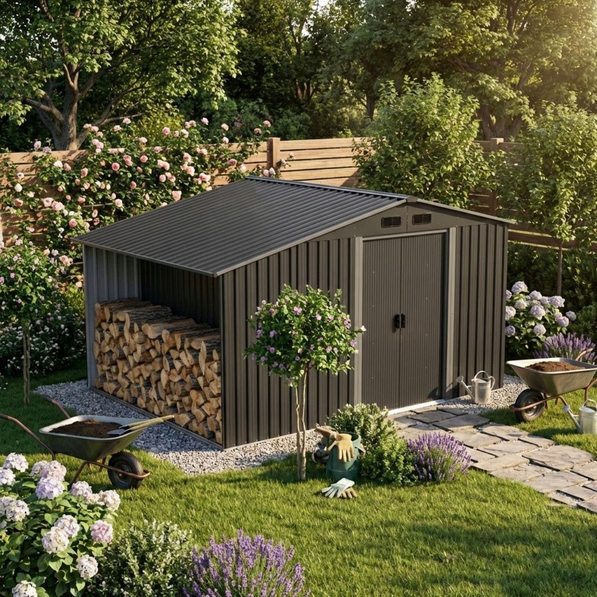 DOMEK OGRODOWY NARZĘDZIOWY METALOWY Z DREWUTNIĄ 308X245X202CM – Idealne rozwiązanie do Twojego ogrodu