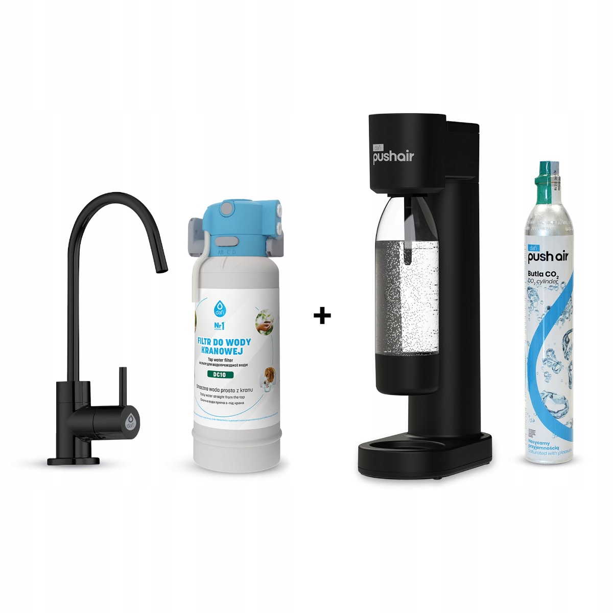 PushAir saturator nabój butelka + Flow Comfort DC10 kran Alto czarny – Twoje źródło gazowanej wody