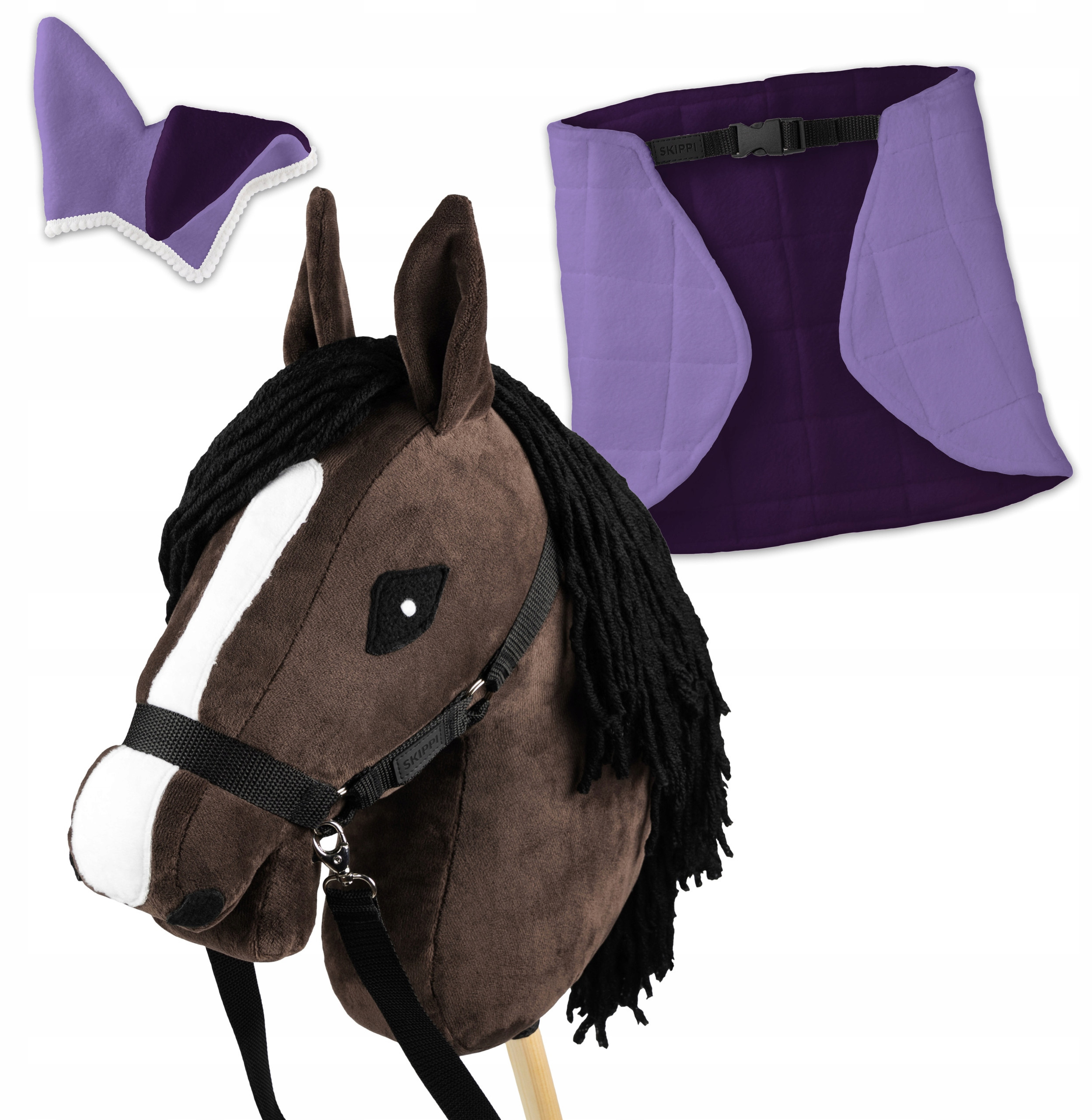 Zestaw Skippi - Hobby Horse Gniady - Derka i nauszniki - wrzos i śliwka – Idealna zabawa dla małych miłośniczek koni