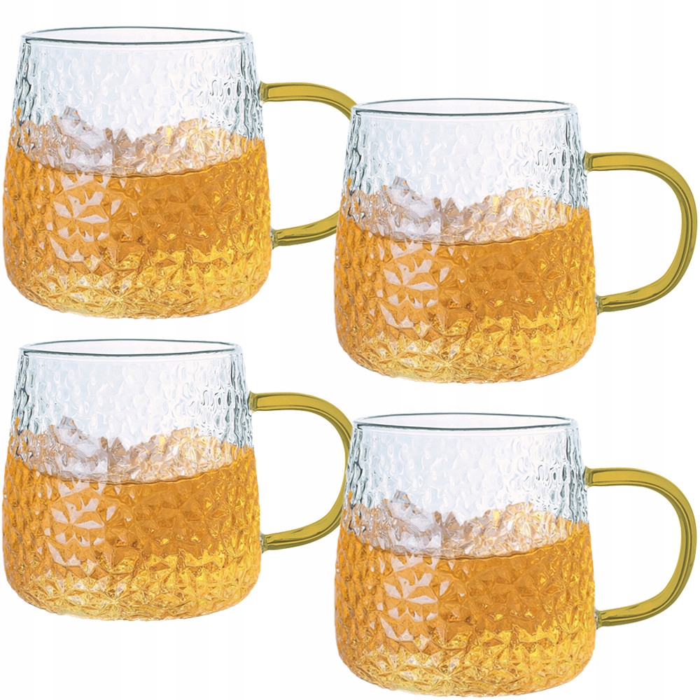 Szklanki 4 x 350 ml Żłobionych z Uchem Musztardowym – Elegancja i funkcjonalność w Twoim domu