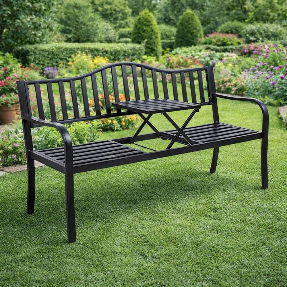 Ławka Ogrodowa Taras Ogród Park Metalowa Oparcie Stolik Czarna 150 cm – Idealne miejsce do relaksu