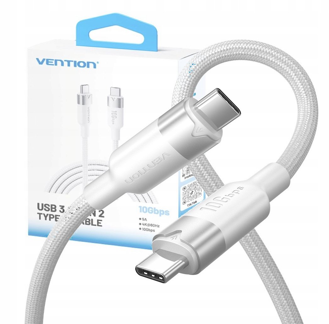 Kabel USB-C do USB-C Vention 3.2 5A 10Gbps 1m biały – Szybkie ładowanie i transfer danych