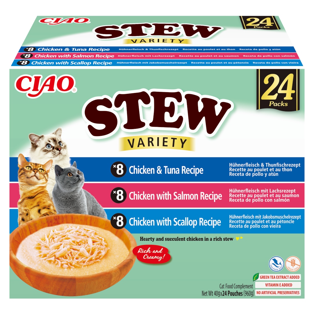 INABA Cat Ciao Stew - Uzupełniająca karma dla kota o smaku kurczaka, tuńczyka, łososia i przegrzebka