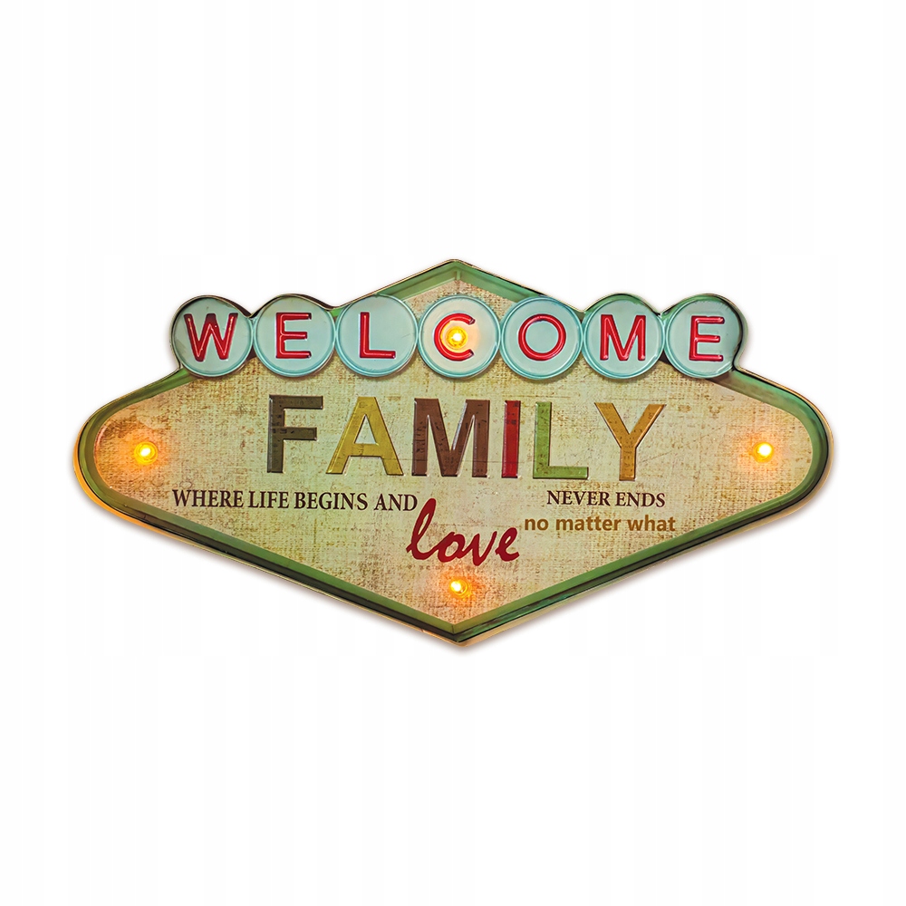 Znak Metalowy RETRO LED Welcome Family Forever Light – Idealna dekoracja do Twojego domu