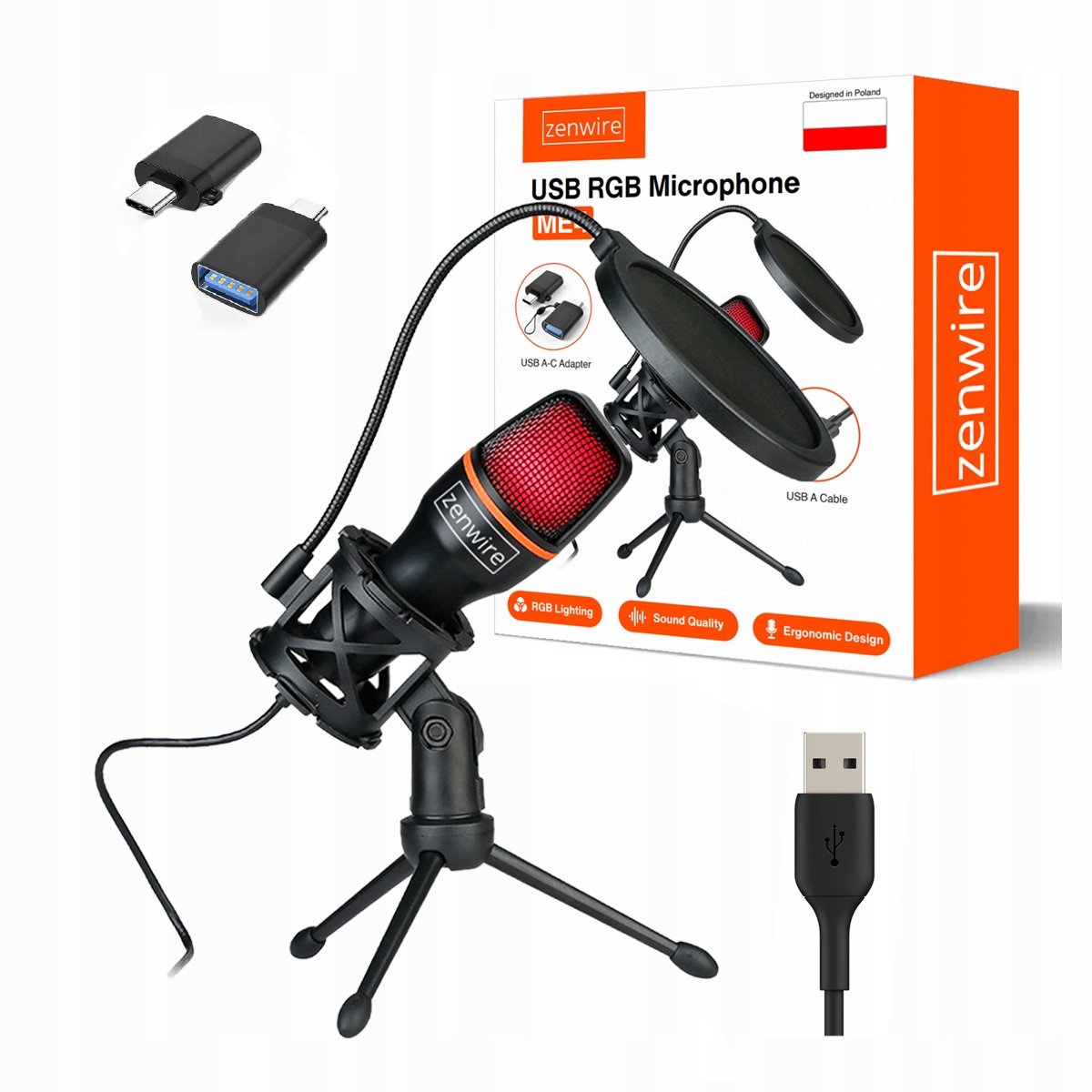 Mikrofon Pojemnościowy Studyjny do Komputera PC Gamingowy RGB USB-C Zenwire ME4 – Profesjonalne nagrania w zasięgu ręki