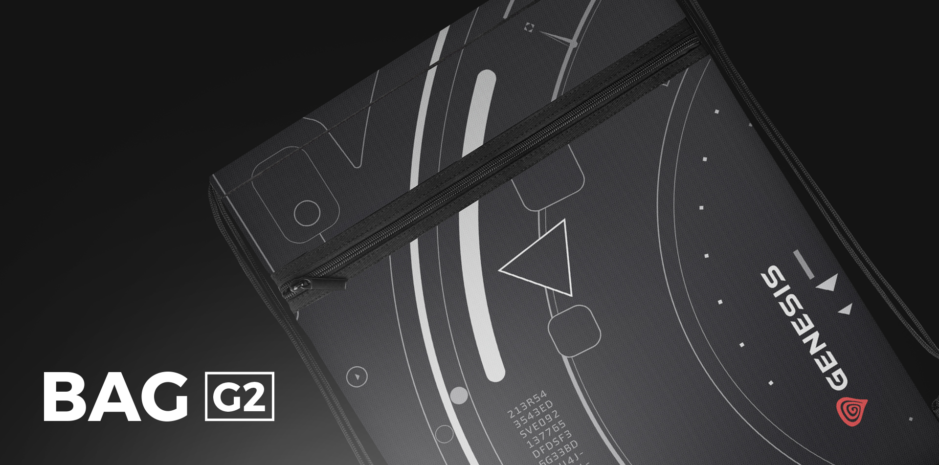 Czarna torba z geometrycznymi wzorami i zamknięciem na zamek błyskawiczny.