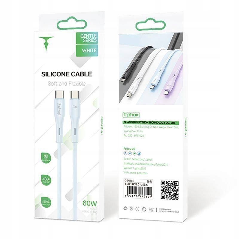 Kabel T-phox Gentle USB-C - USB-C 1 m Biały – Niezrównana wydajność ładowania