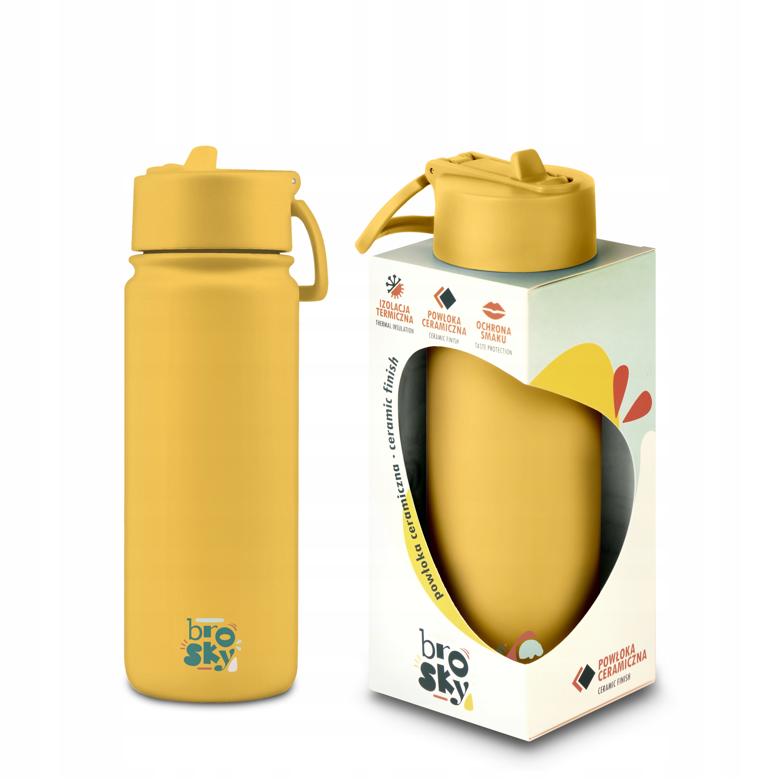 Brosky Abstract Żółta stalowa butelka termiczna ze słomką 550 ml – Praktyczność i styl w jednym