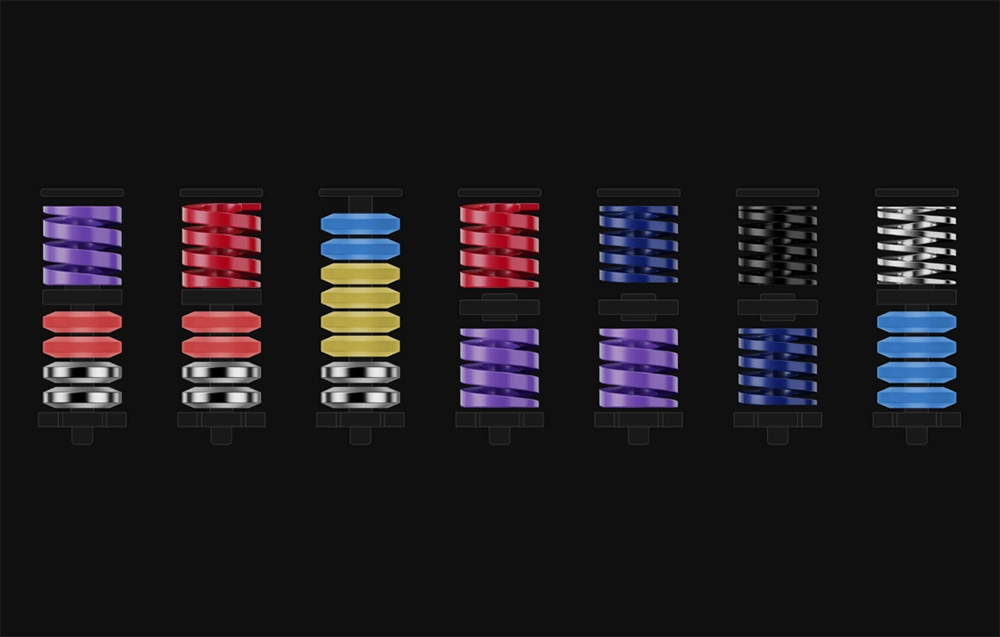 Czarno tło, na którym widać wiele kolorowych elementów, tworzących wspólnie zestaw, który zwiększa wydajność pedałów.