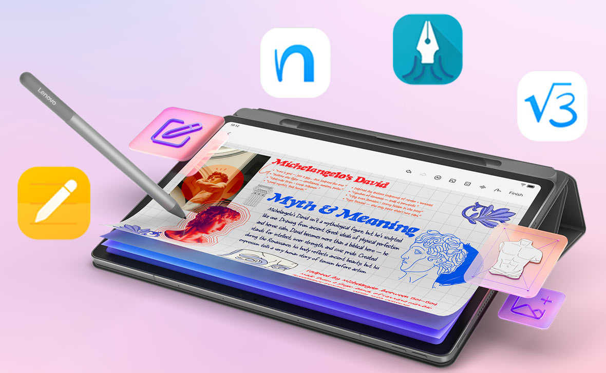 Tablet Idea Tab Plus przodem, obok rysik, dookoła ikony aplikacji edukacyjnych