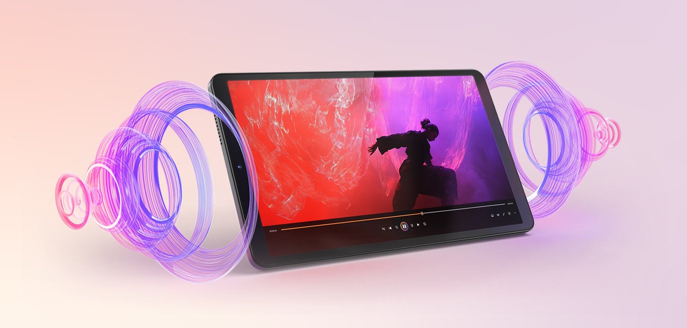 Na ekranie tabletu Tab One kolorowa tapeta, po bokach wizualizacja fal dźwiękowych