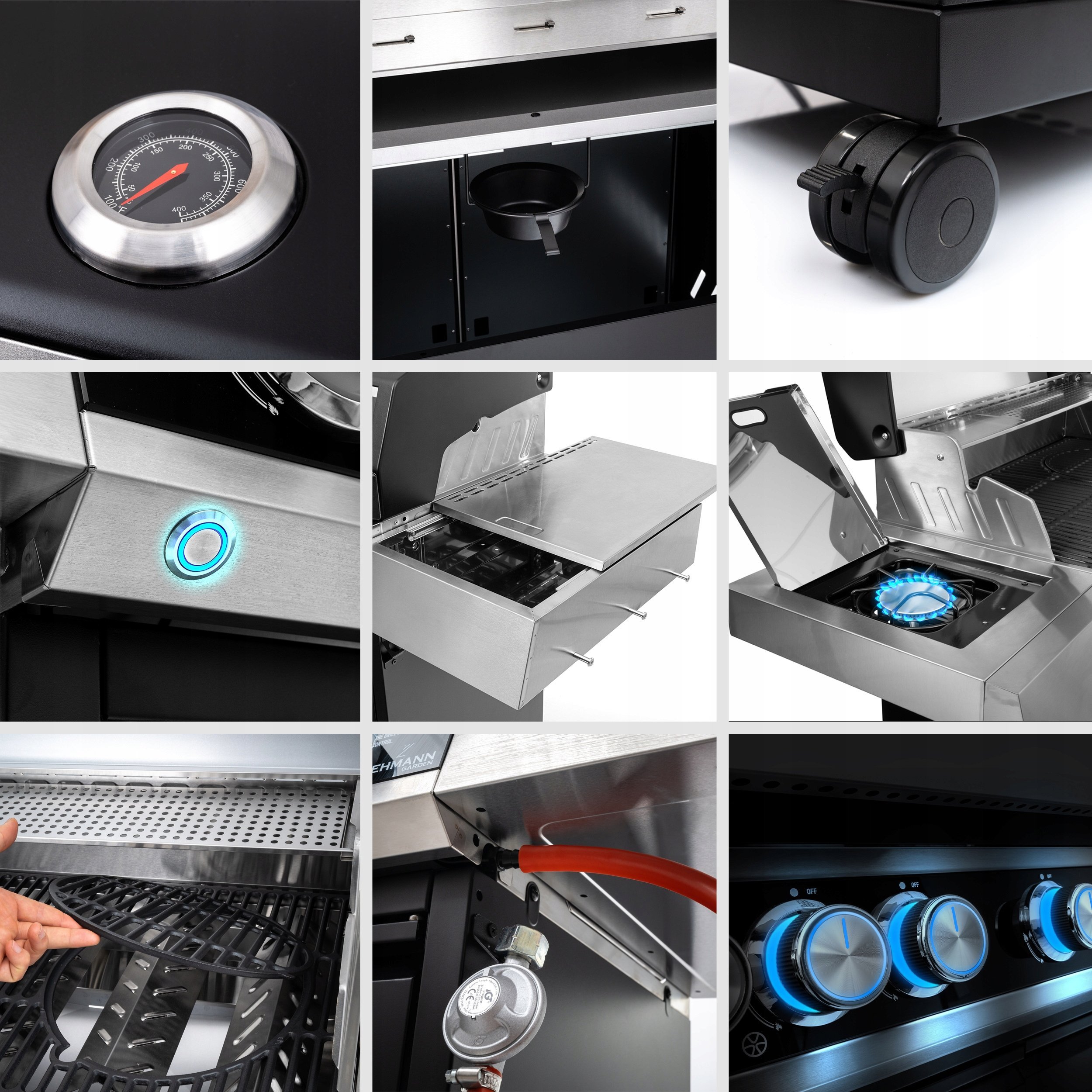 GRILL GAZOWY PREMIUM 3+1 RUSZT ŻELIWNY POKRYWA Z OKIENKIEM 13kW 4 PALNIKI Wysokość grilla 115 cm