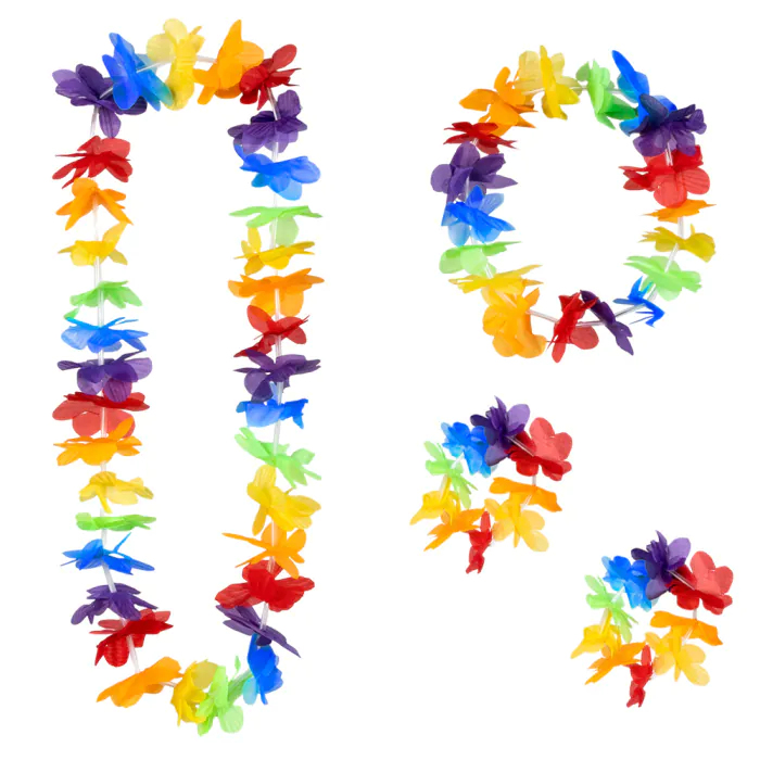 W skład zestawu wchodzą: naszyjnik, wianek i bransoletki