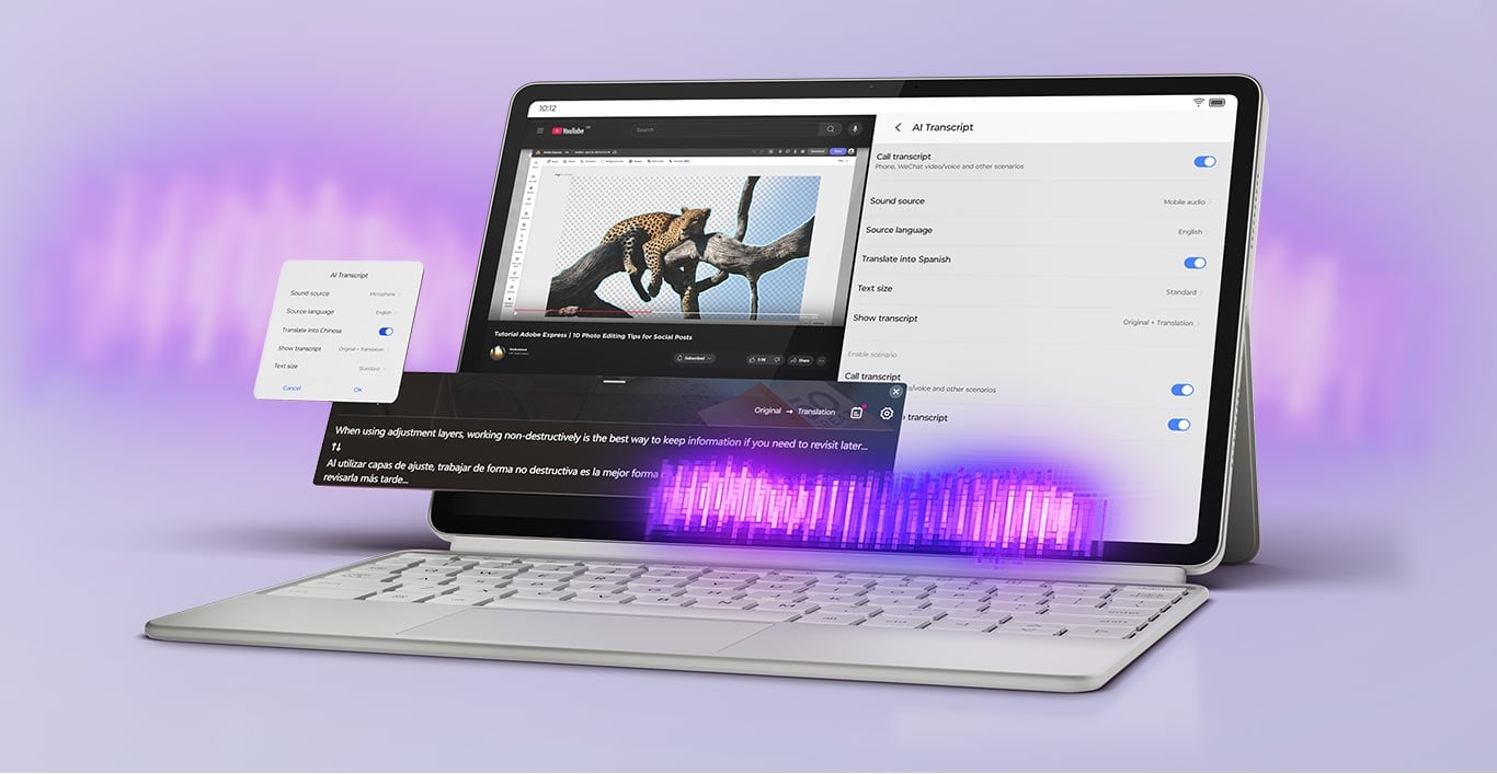 Tablet Yoga Tab przodem z podłączoną klawiaturą, oparty o podstawkę, nad klawiaturą wizualizacja fal dźwiękowych