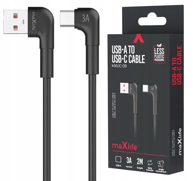 Maxlife kabel kątowy MXUC-09 USB - USB-C 2,0 m 3A czarny – Wysoka jakość i nowoczesny design