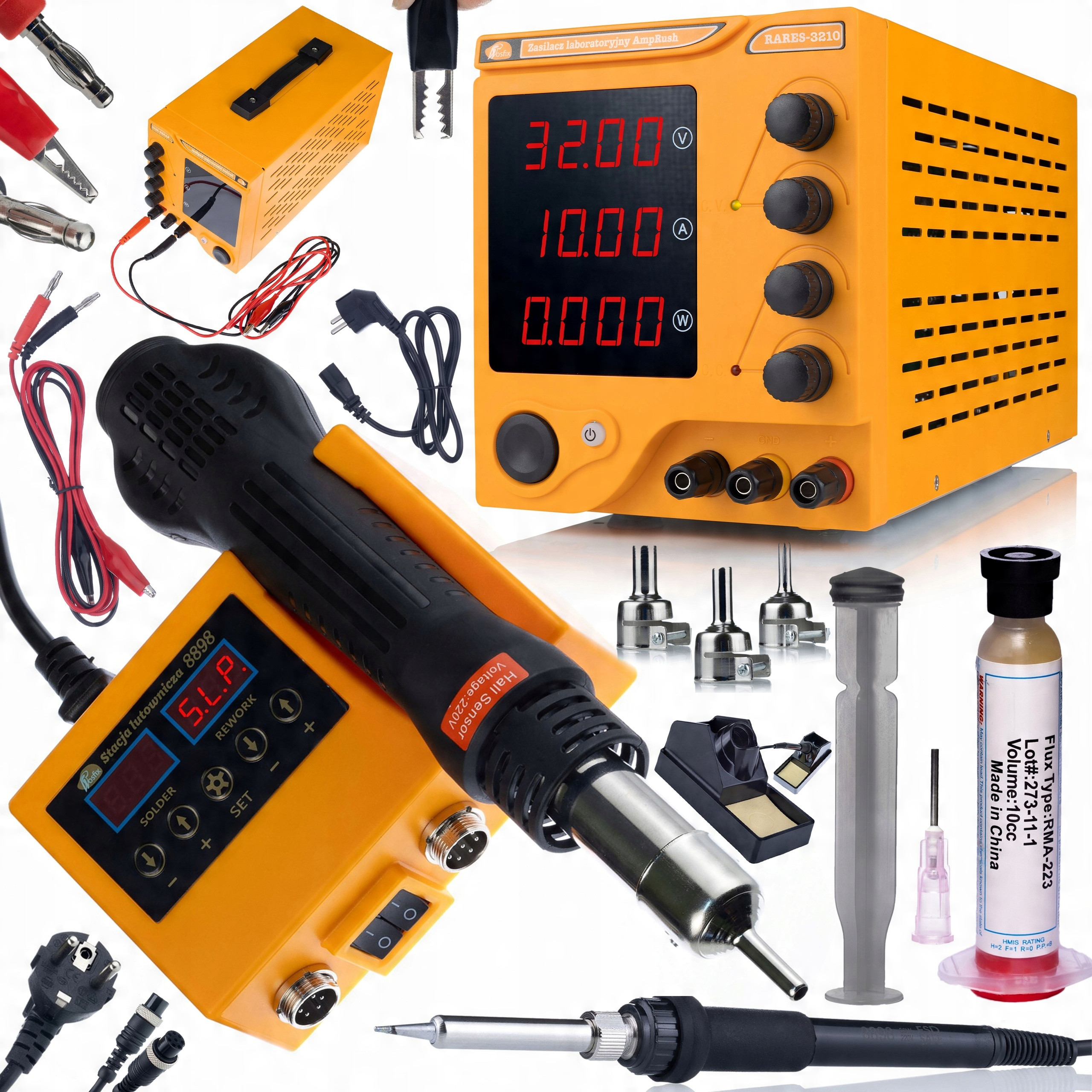 Zasilacz laboratoryjny AmpRush RARES-3210 32V 10A + Stacja lutownicza 2w1 Hot-Air Orange Husky OH660