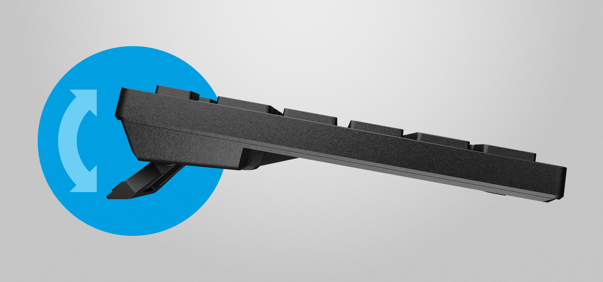 Smukła, czarna klawiatura multimedialna z regulowaną podstawką do ergonomicznego pisania