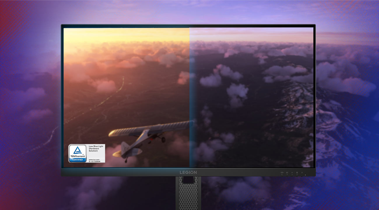 Na ekranie monitora Lenovo Legion 27-10 tapeta z samolotem na tle chmur