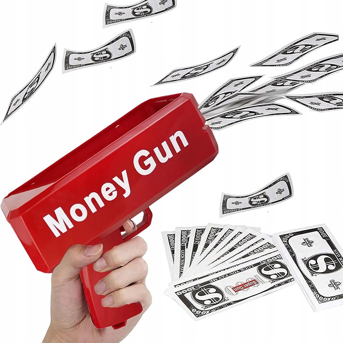 Pistolet Na Pieniądze Strzelający Czerwony Wyrzutnia Money Gun Banknoty – Unikalny gadżet dla dzieci