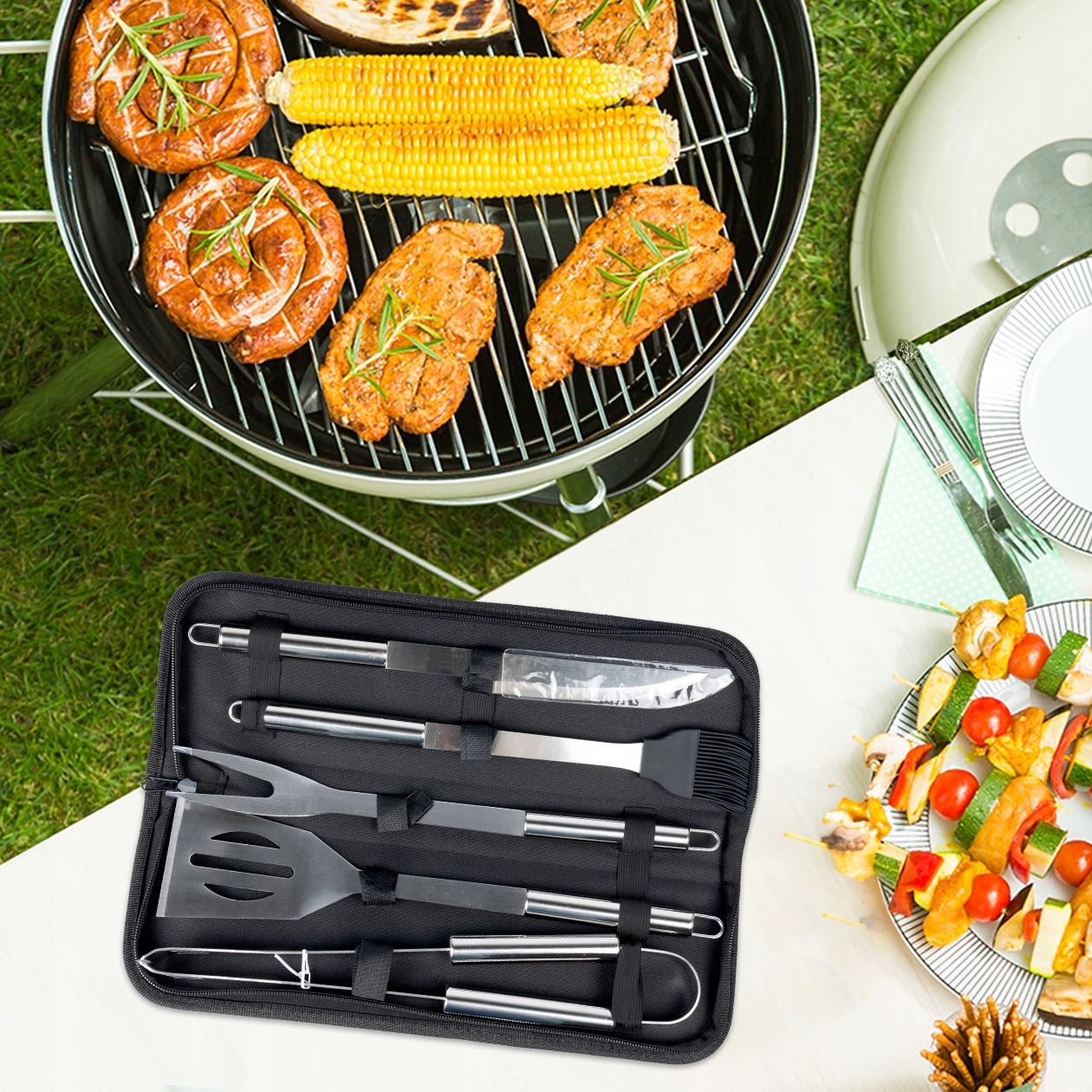 AKCESORIA SZTUĆCE DO GRILLOWANIA W ETUI Z RĄCZKĄ PRZYBORY 5 SZTUK ZE STALI Waga produktu z opakowaniem jednostkowym 0.15 kg