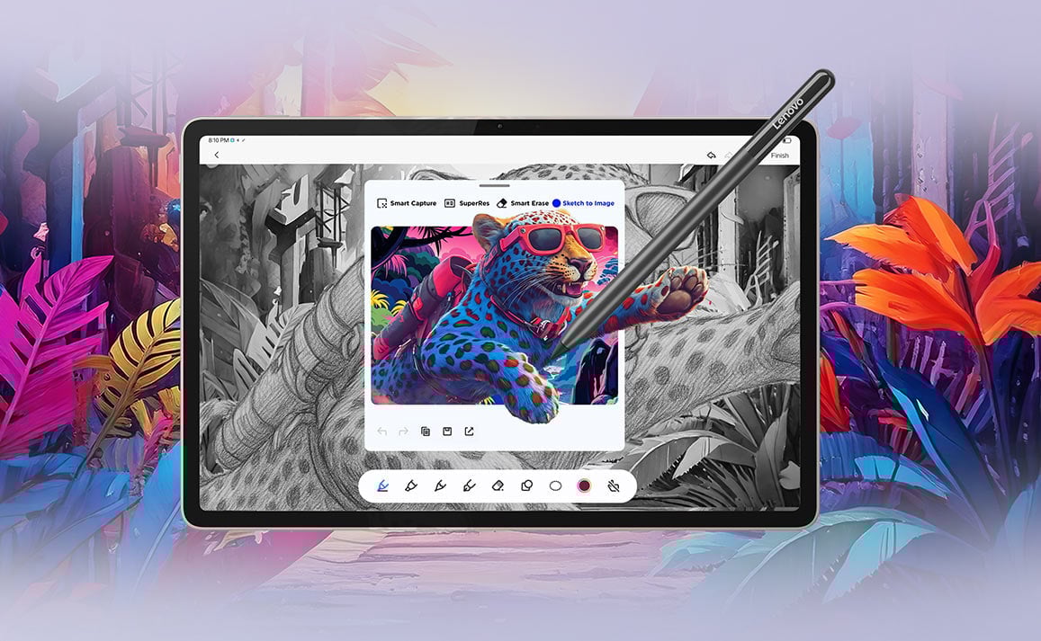 Rysik Tab Pen Pro przed ekranem tabletu, na ekranie rysunkowa postać tygrysa, w tle kolorowe rośliny