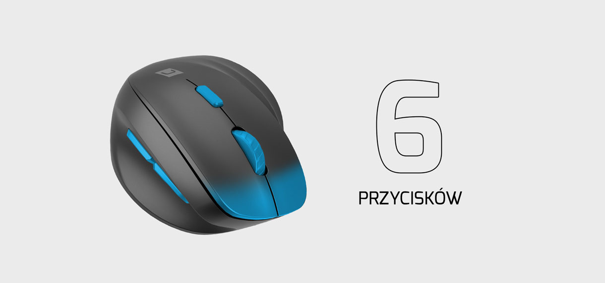 Ergonomiczna mysz pionowa, wyposażona w sześć przycisków podświetlonych na niebiesko.