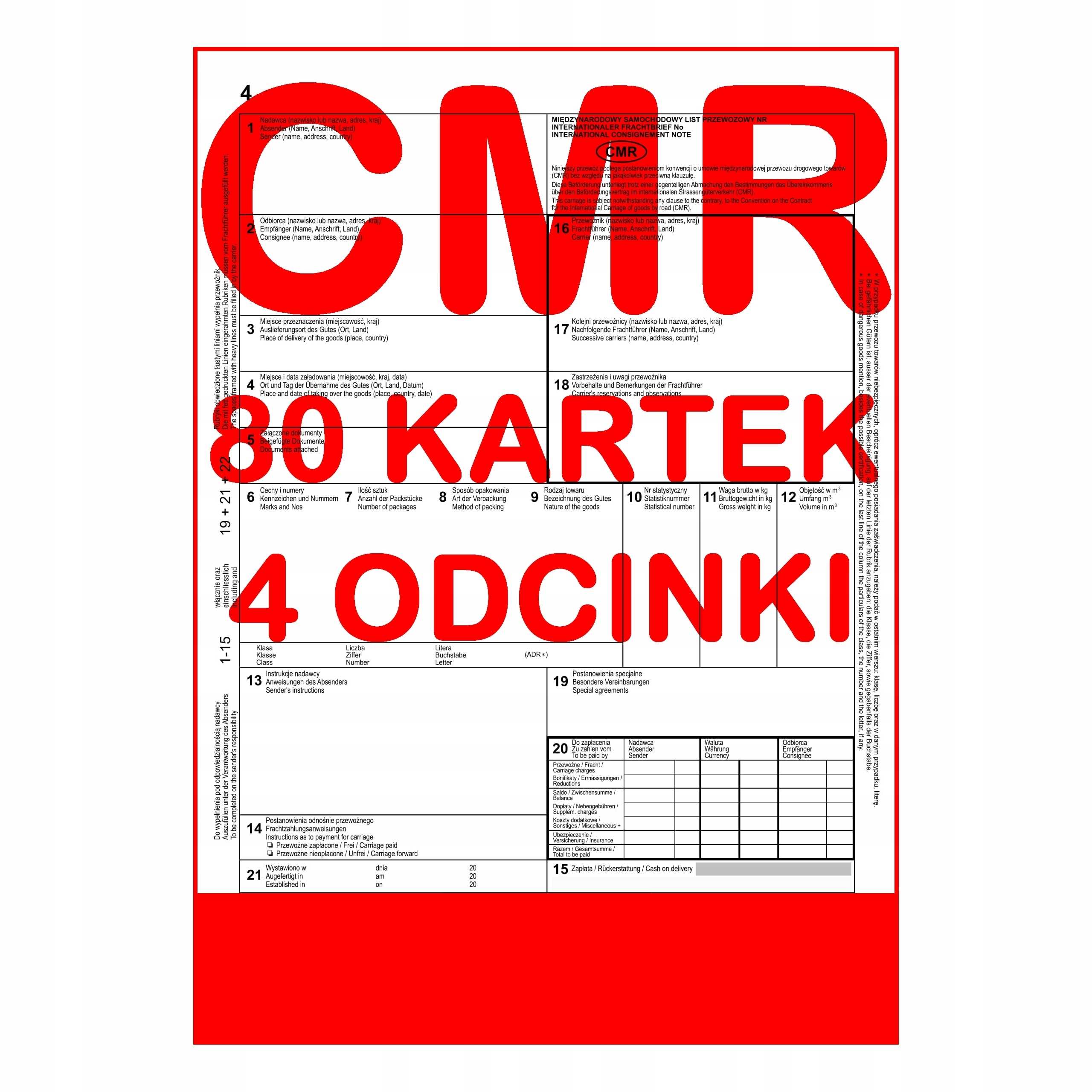 CMR List Transportowy 80 kartek - 4 części - 20 kompletów – Niezbędny dokument dla transportu