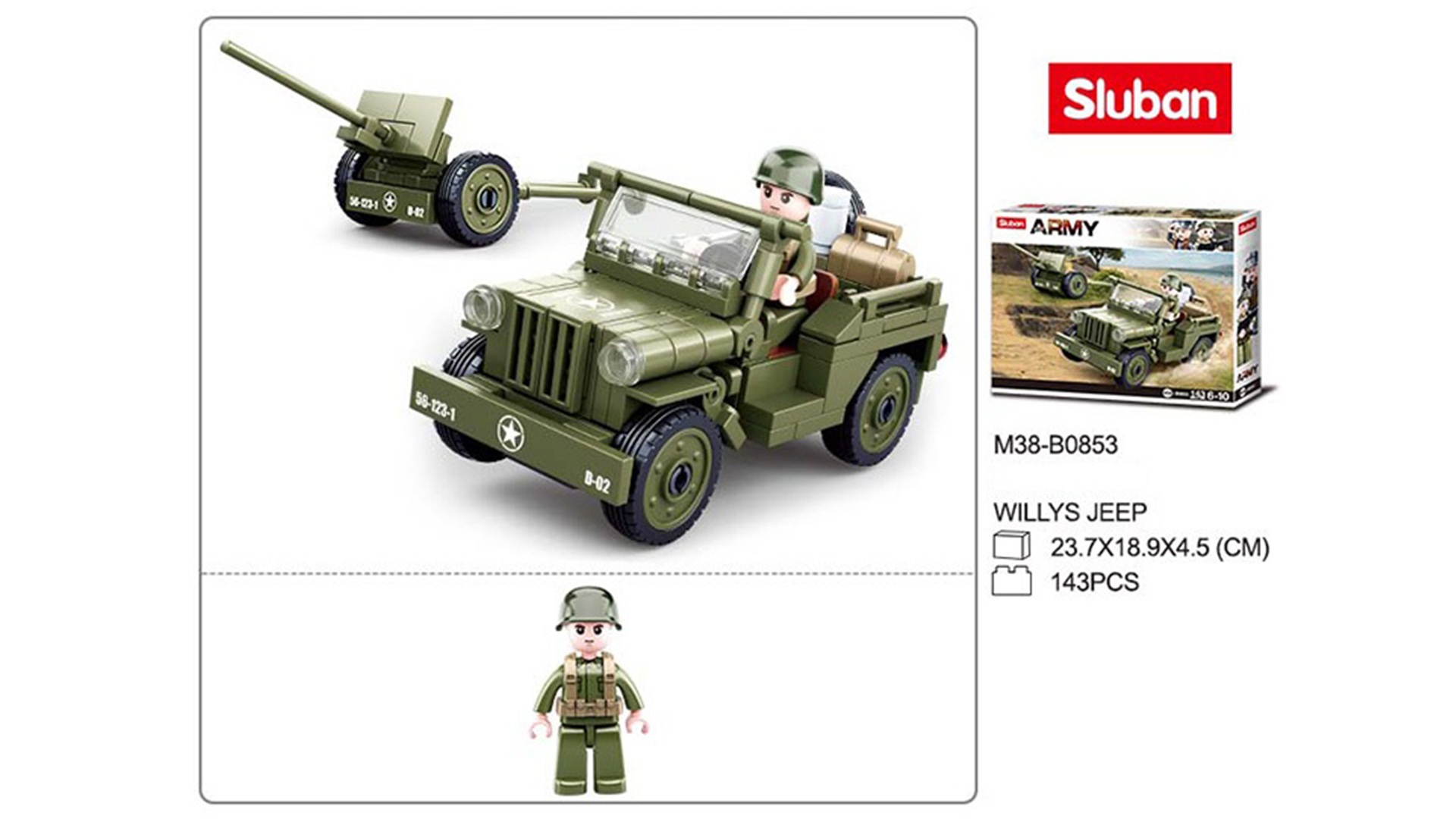 Klocki Wojsko JEEP WILLYS MB + Armata 143el TOMDORIX