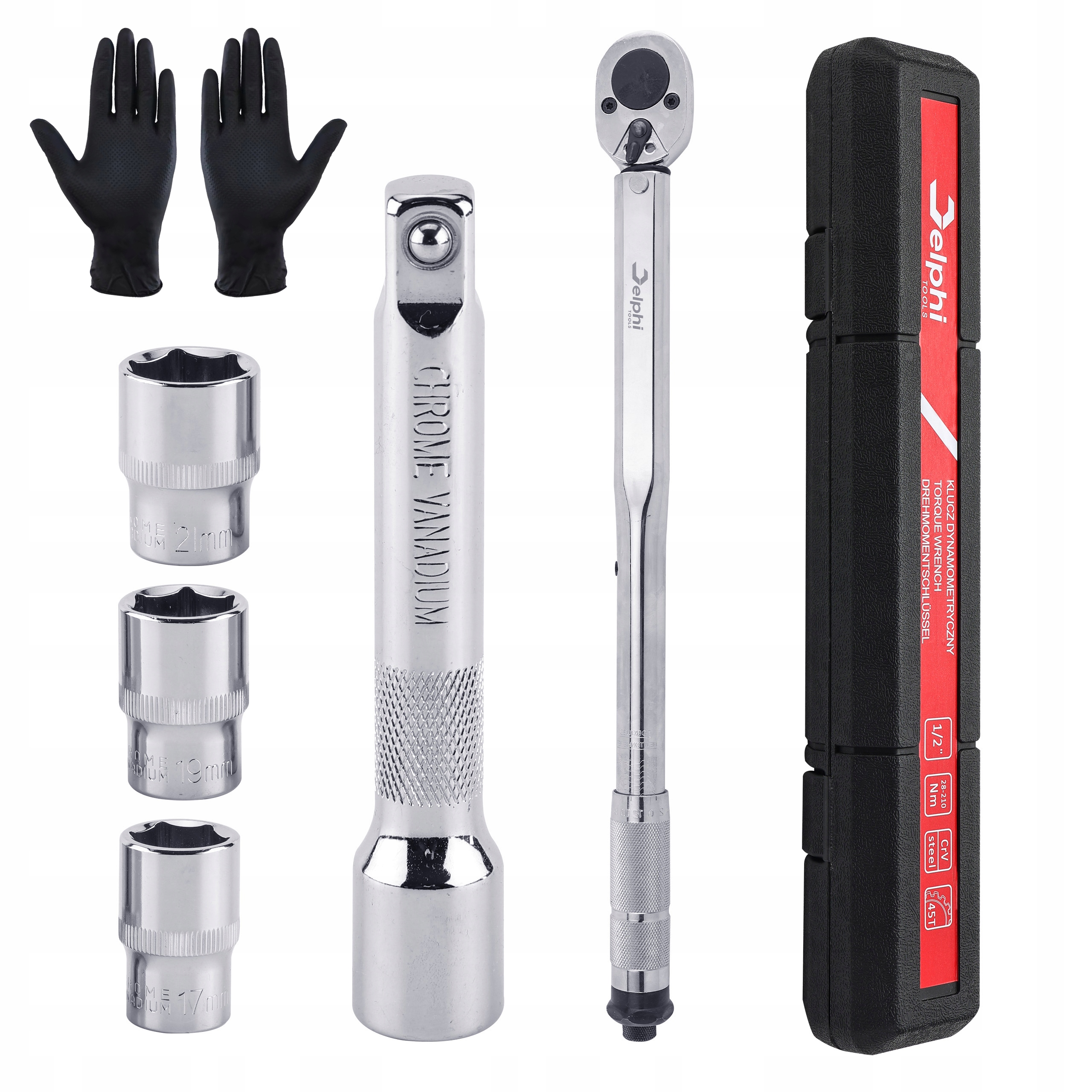 KLUCZ DYNAMOMETRYCZNY 1/2 28-210Nm CrMO & CrV + 3 NASADKI 17,19,21 mm +- 4% Kod producenta Klucz Delphi nasadki: 17, 19, 21 mm 1/2