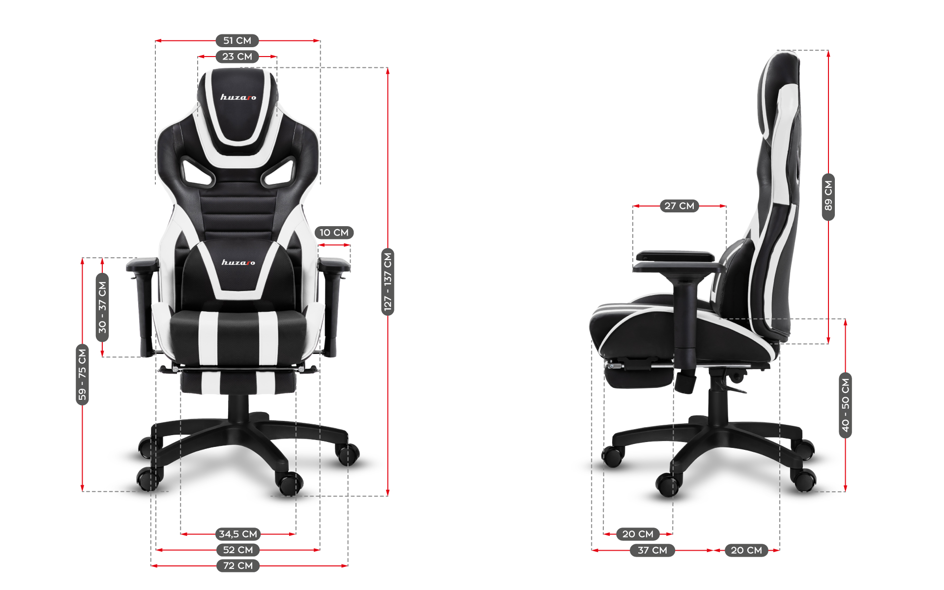 Wymiary fotela gamingowego Huzaro Force 7.5 White