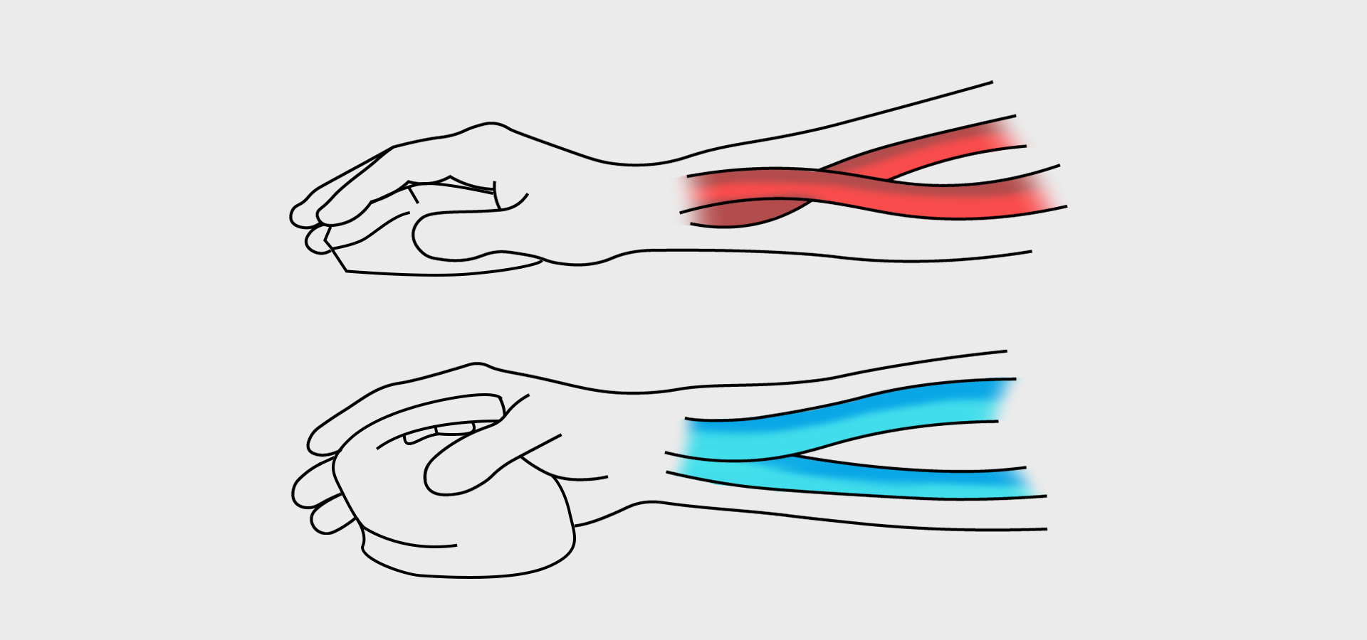 Ilustracja przedstawia dwie pozycje dłoni: jedną z tradycyjną myszą i drugą z pionową ergonomiczną.