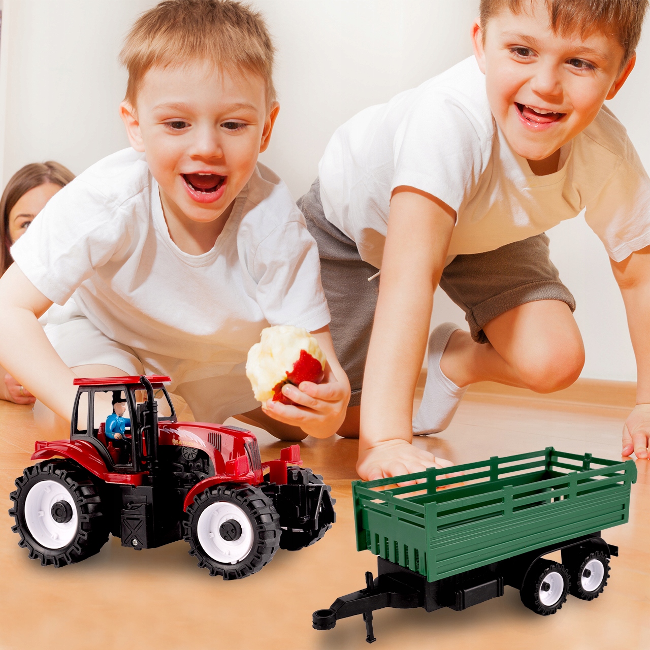 TRAKTOR ZABAWKA Z ODCZEPIANĄ PRZYCZEPĄ + FIGURKA FAMERA W TRAKTORZE Materiał plastik