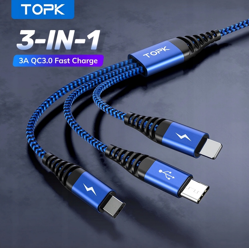 Kabel 3w1 Micro USB / USB C / iPhone Ładowarka Złącza USB - USB typ C / microUSB / Lightning