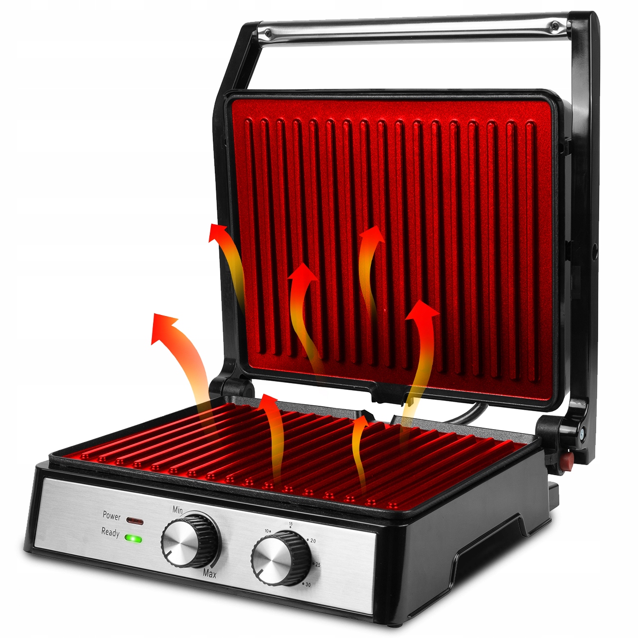 ROZKŁADANY OPIEKACZ GRILL ELEKTRYCZNY 2500W XXL Bezpieczeństwo termoizolowana obudowa nóżki antypoślizgowe nienagrzewający się uchwyt zabezpieczenie przed przegrzaniem